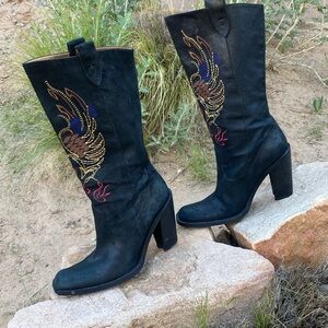 Gianni Bini Boots Black Suede Women's 9 1/2 Medium Embroidered Western Southwest
